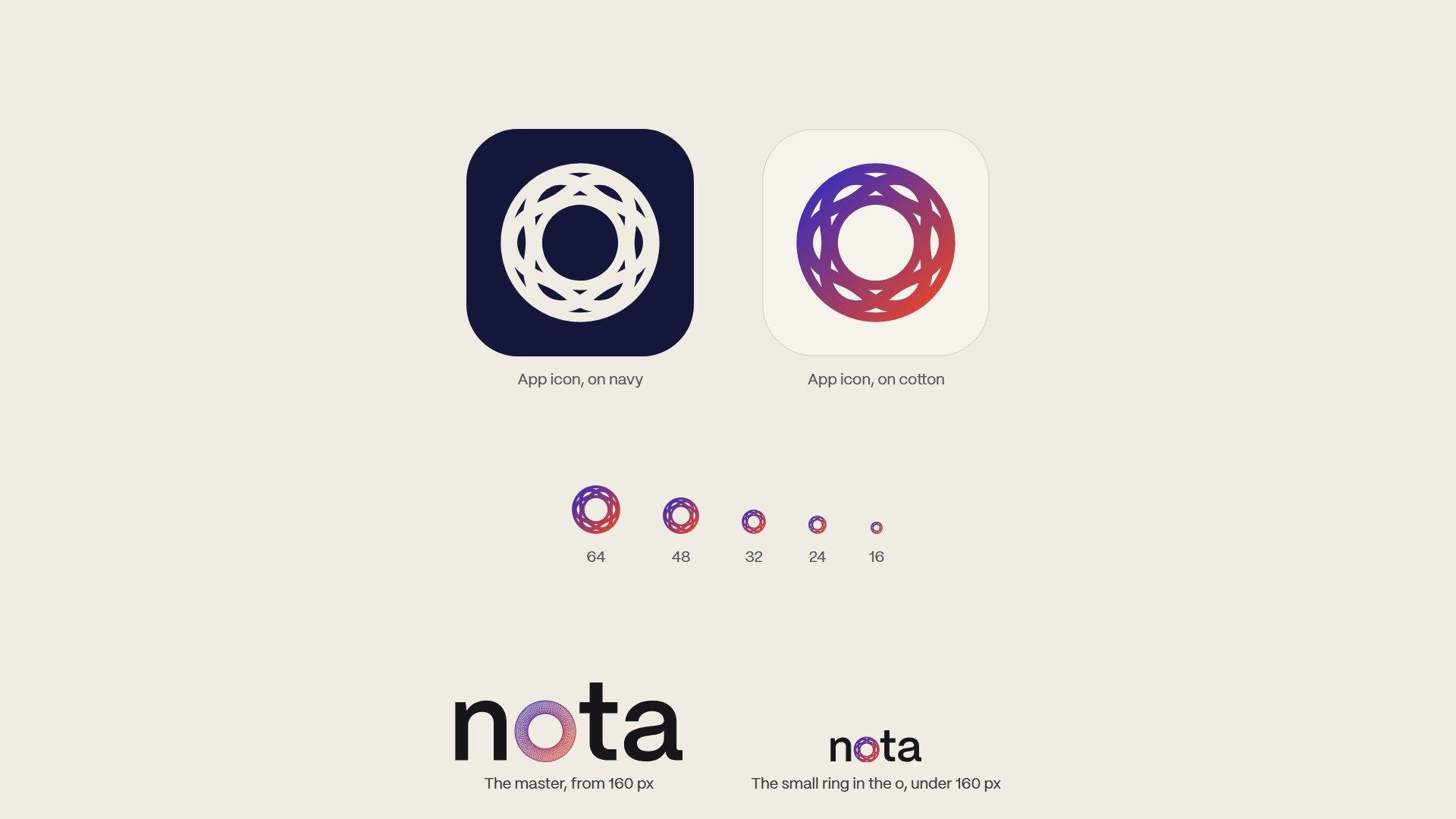 The small ring as app icons on navy and cotton, at 64, 48, 32, 24 and 16 pixels, and in the o of a small wordmark.