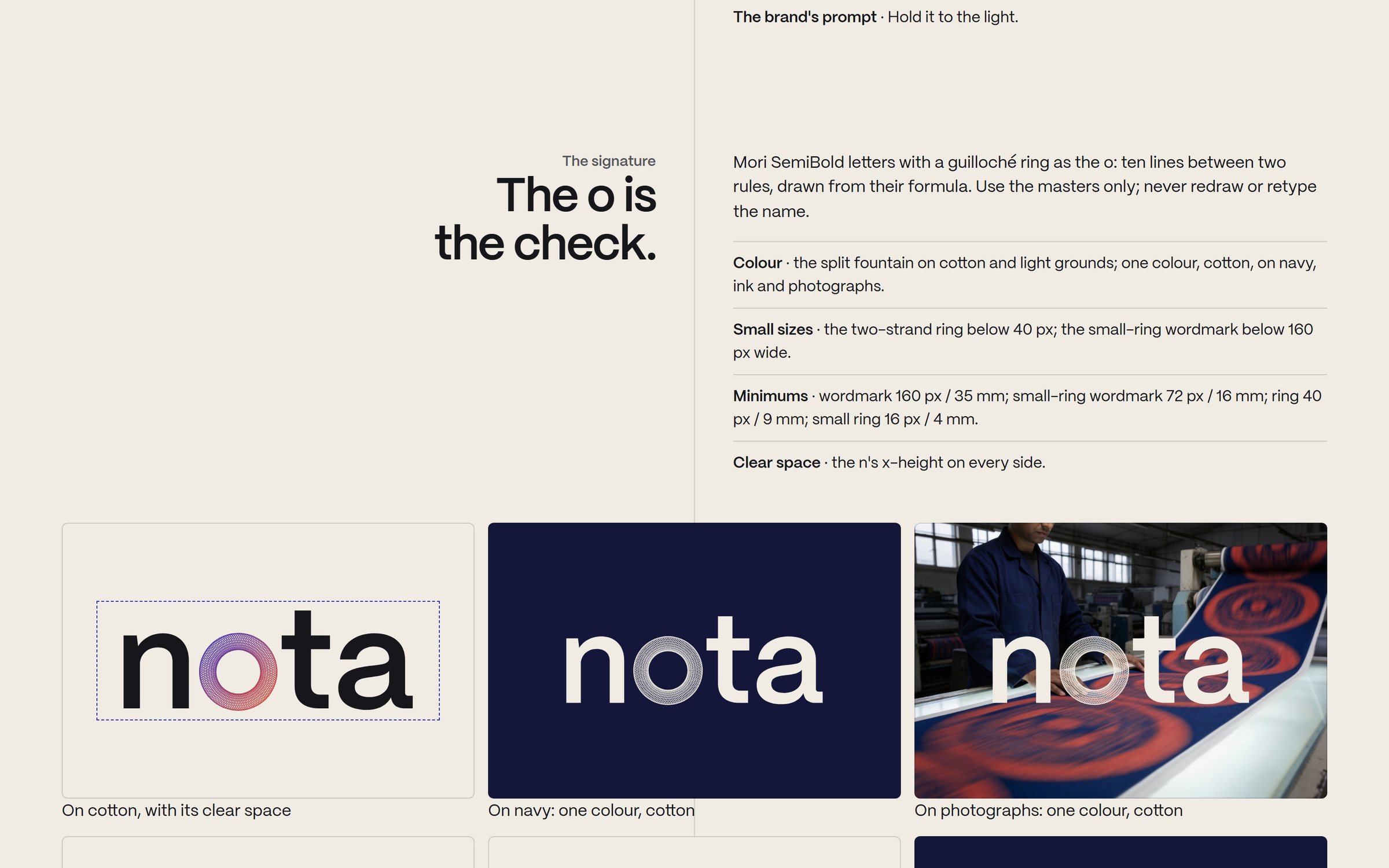 The guidelines: the signature, with the rules for colour, small sizes, minimums and clear space, and the wordmark on cotton, navy and a photograph.