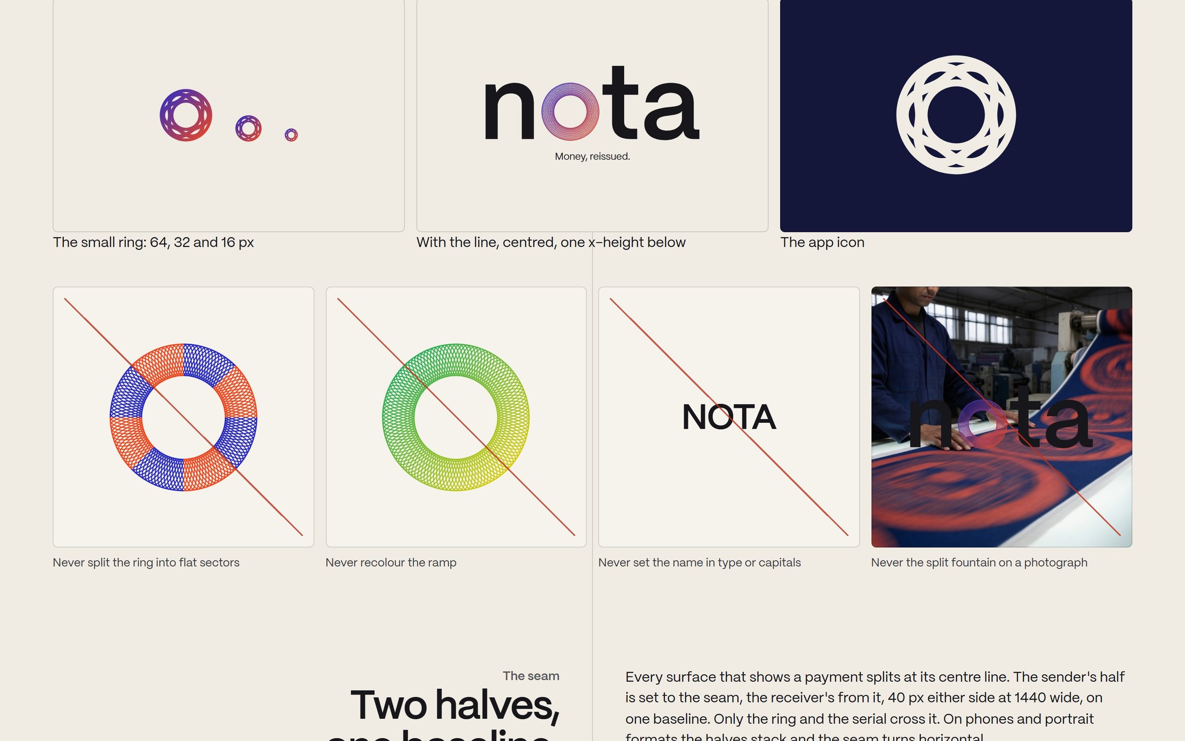 The guidelines: the small ring, the lockup with the line, the app icon, and four things never to do: flat sectors, a recoloured ramp, the name in capitals, the split fountain on a photograph.