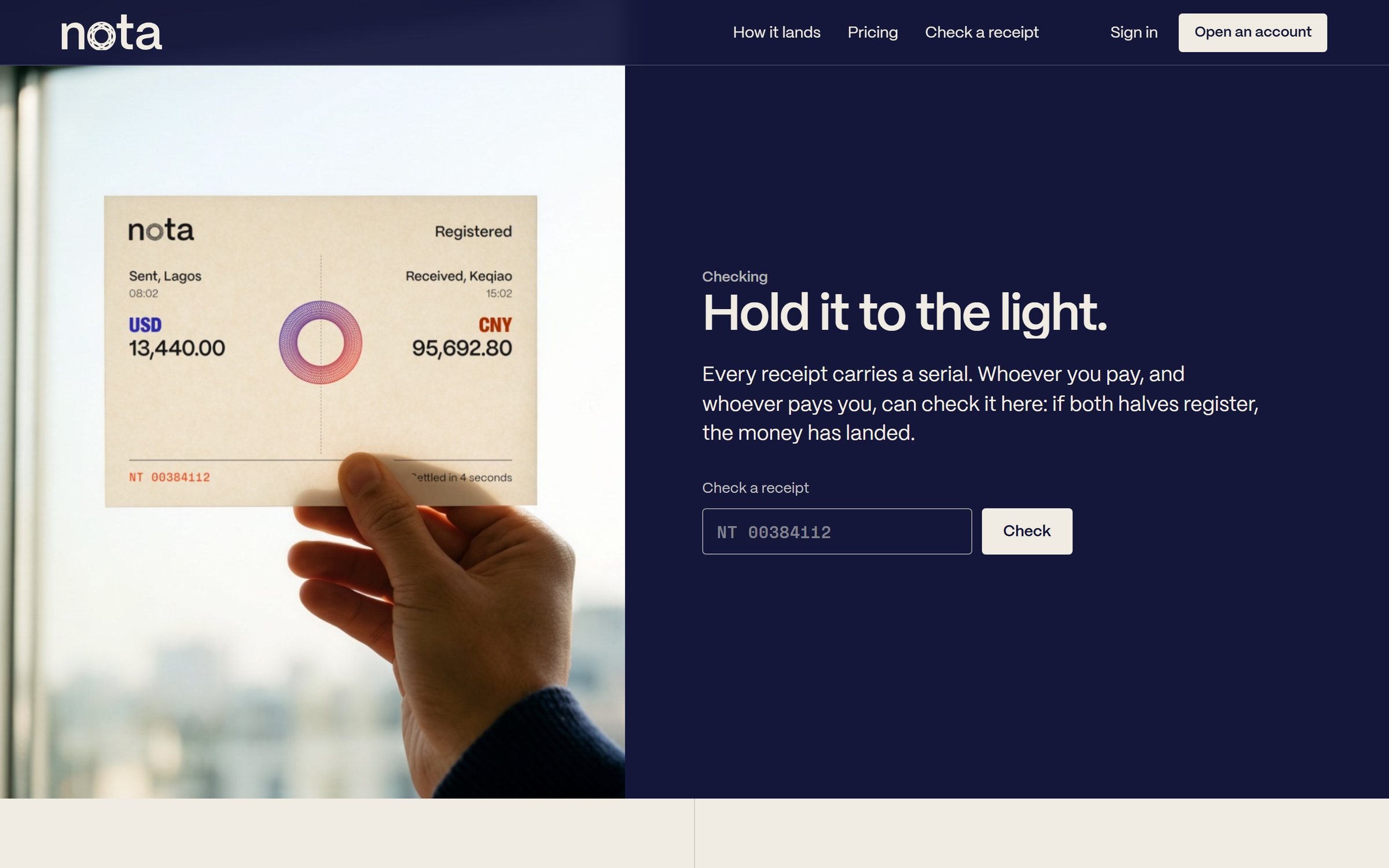 Hold it to the light: a receipt held to a window beside a form to check any receipt by its serial.