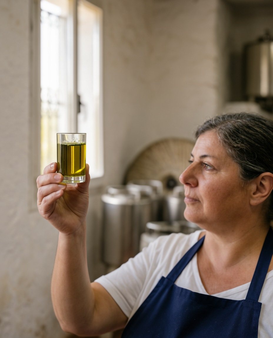 An olive oil producer near Jaén holds a glass of oil up to the mill's window.