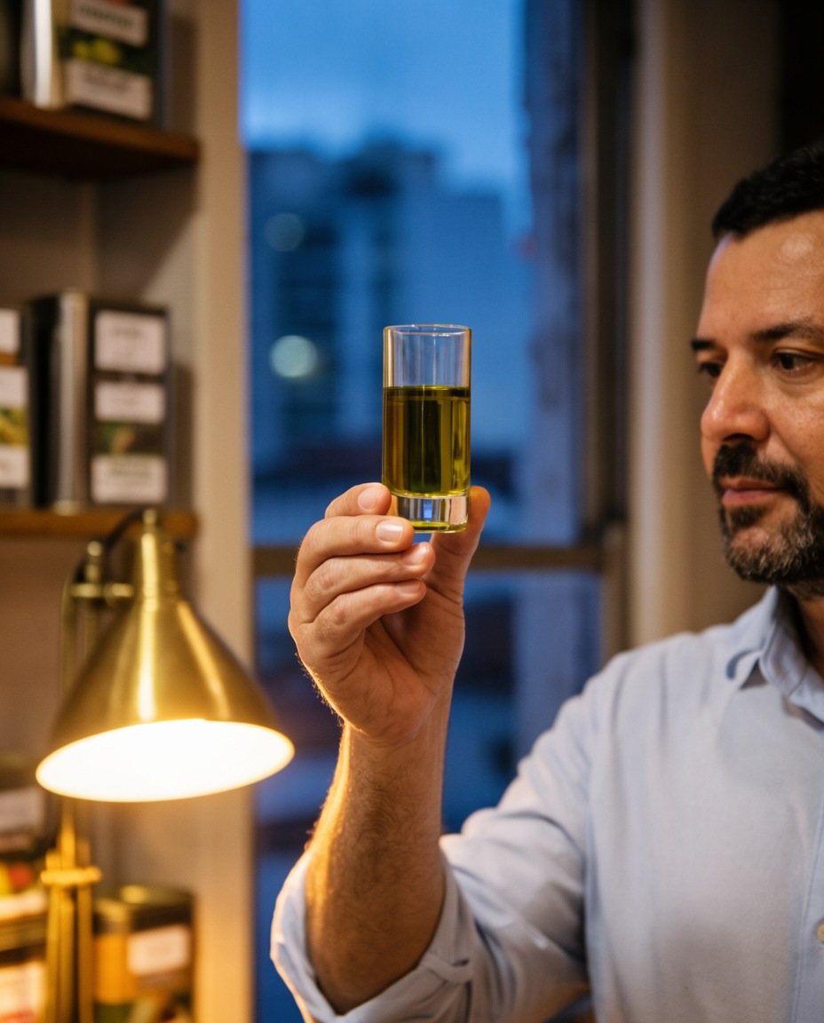 An importer in São Paulo holds the same oil up to a desk lamp at dusk.