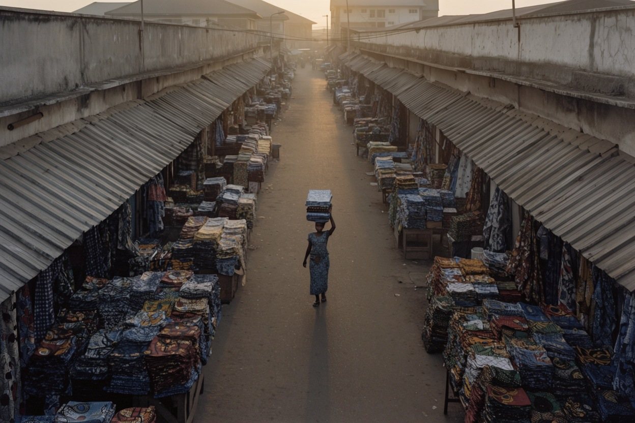 A Lagos market street at dawn from above, one woman carrying bolts of cloth.
