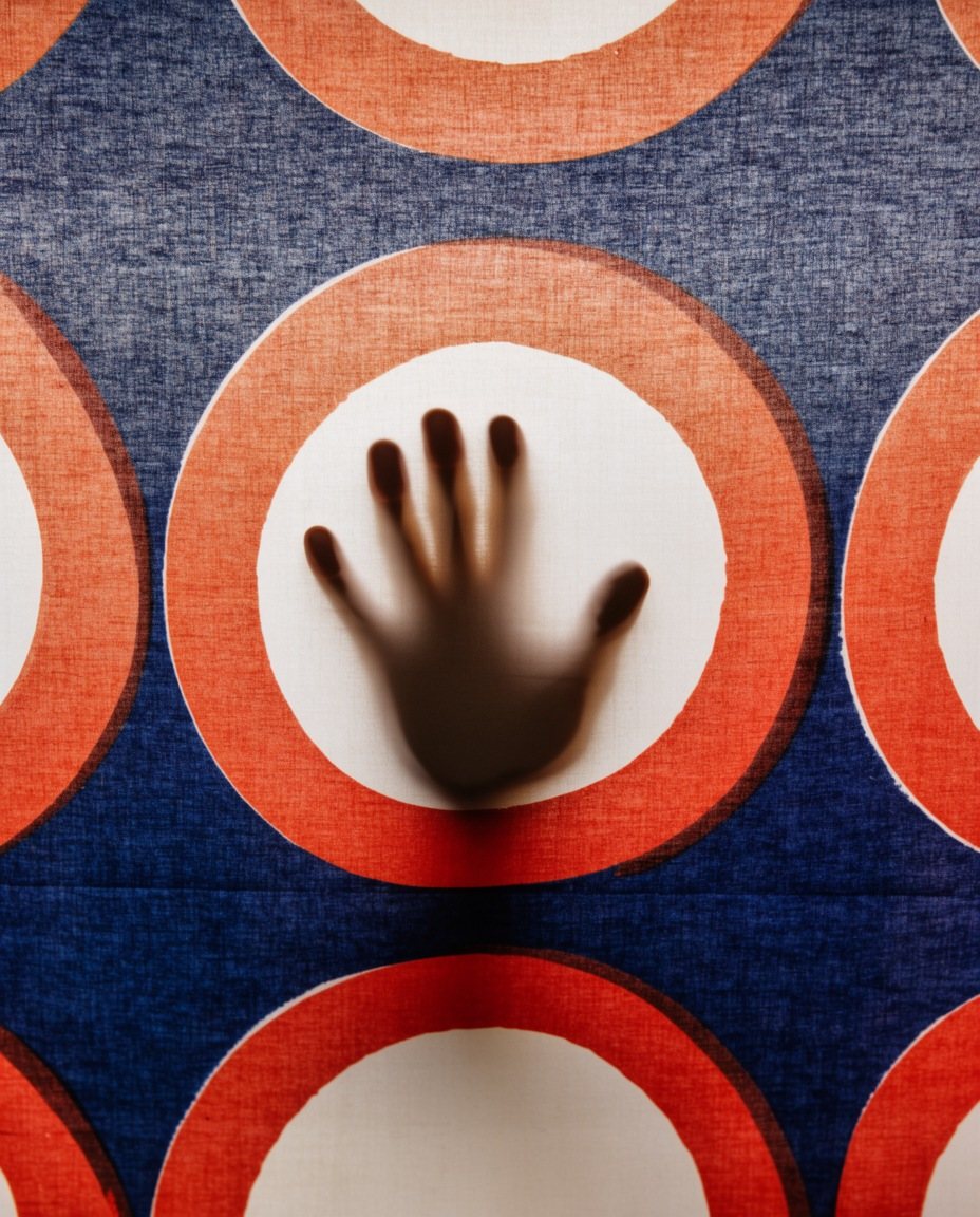 A hand seen through the glowing cloth from below the light table.