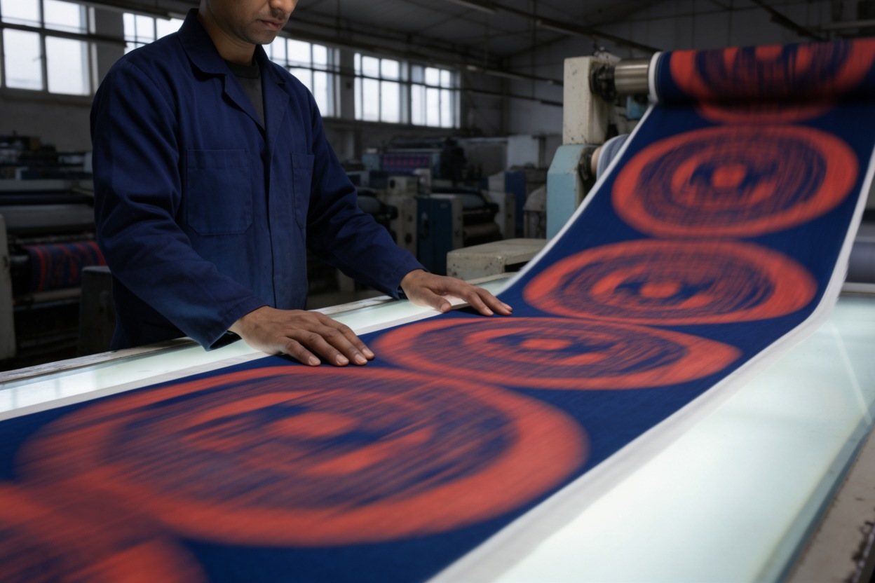 Printed cloth running fast over the light table, the inspector's hands still.