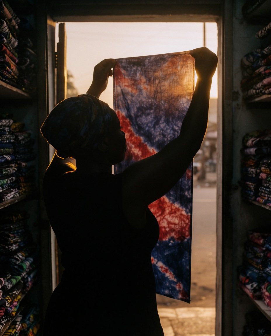 A trader in silhouette in a doorway at sunset, holding cloth up to the sun.