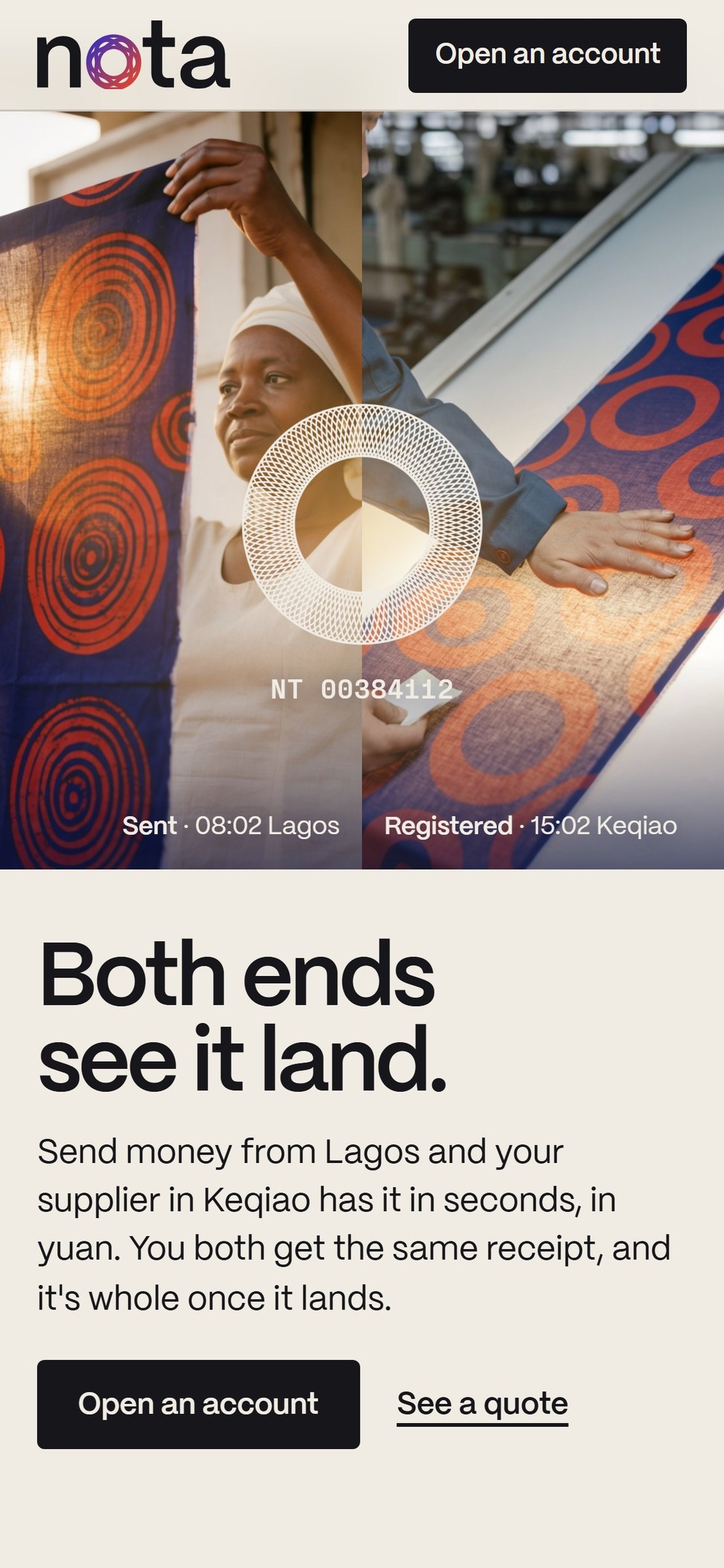 The homepage on a phone, registered: the two photographs meet and the ring locks on the seam.