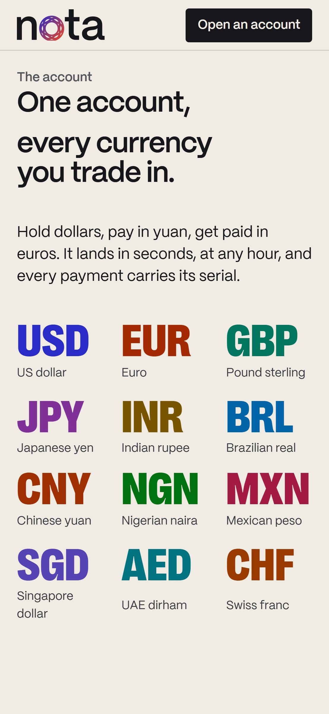 Every currency on a phone: twelve codes in their own inks.