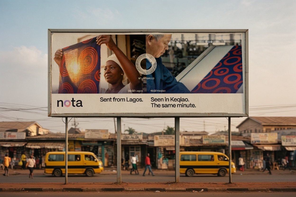 A roadside billboard over a Lagos street with yellow minibuses: the cloth trader and the mill inspector either side of the seam, headed Sent from Lagos. Seen in Keqiao. The same minute.