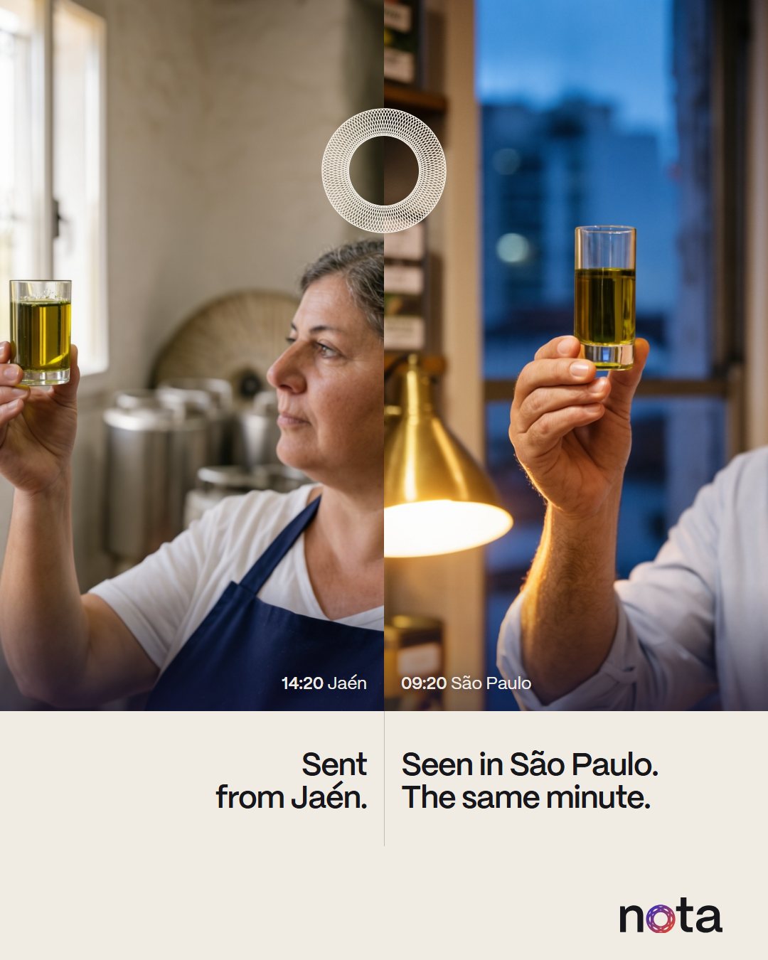 A social post: an olive oil producer in Jaén and an importer in São Paulo either side of the seam, headed Sent from Jaén. Seen in São Paulo. The same minute.