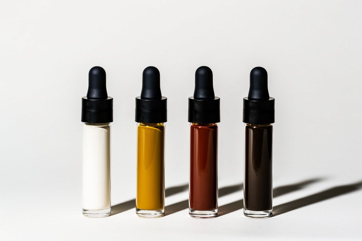The four Drops photographed on white: black bulbs and caps, glass vials of pigment
