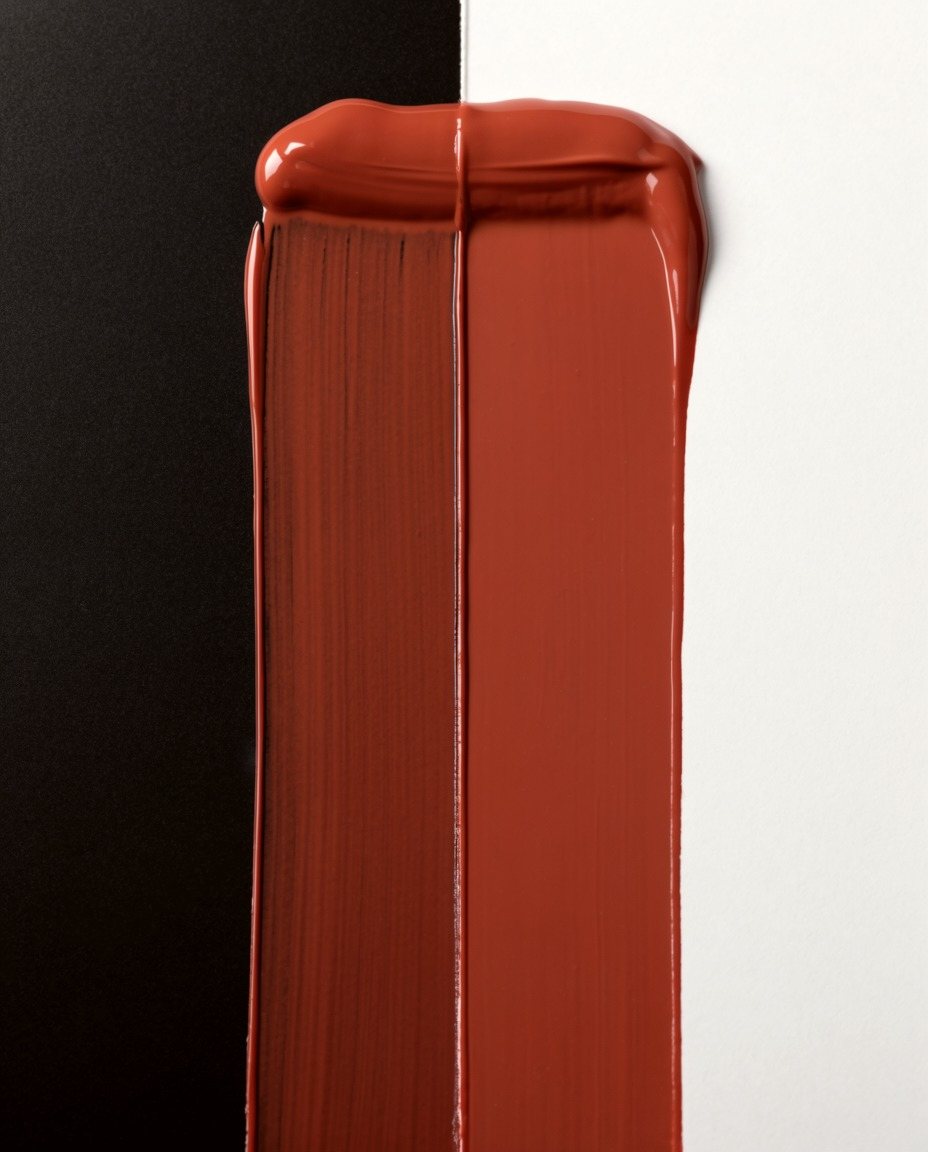 A band of red oxide drawn down across a black and white test card