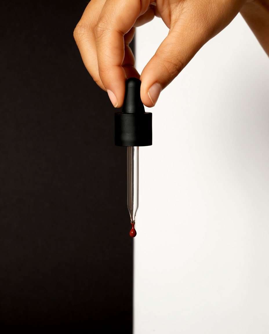 A hand holding a Drop over the seam, a red drop forming