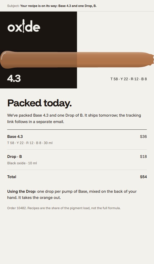 Order email: Packed today, Base 4.3 and one Drop of B