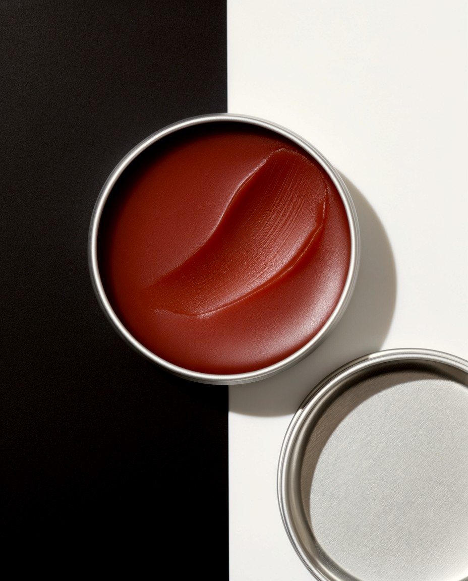 An open tin of Cheek balm with a swipe, across a black and white seam