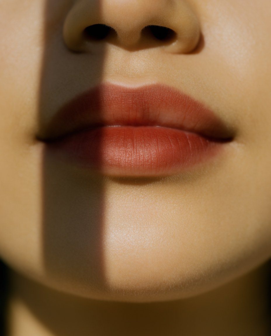 Lips in rust red balm, the shadow edge through the mouth