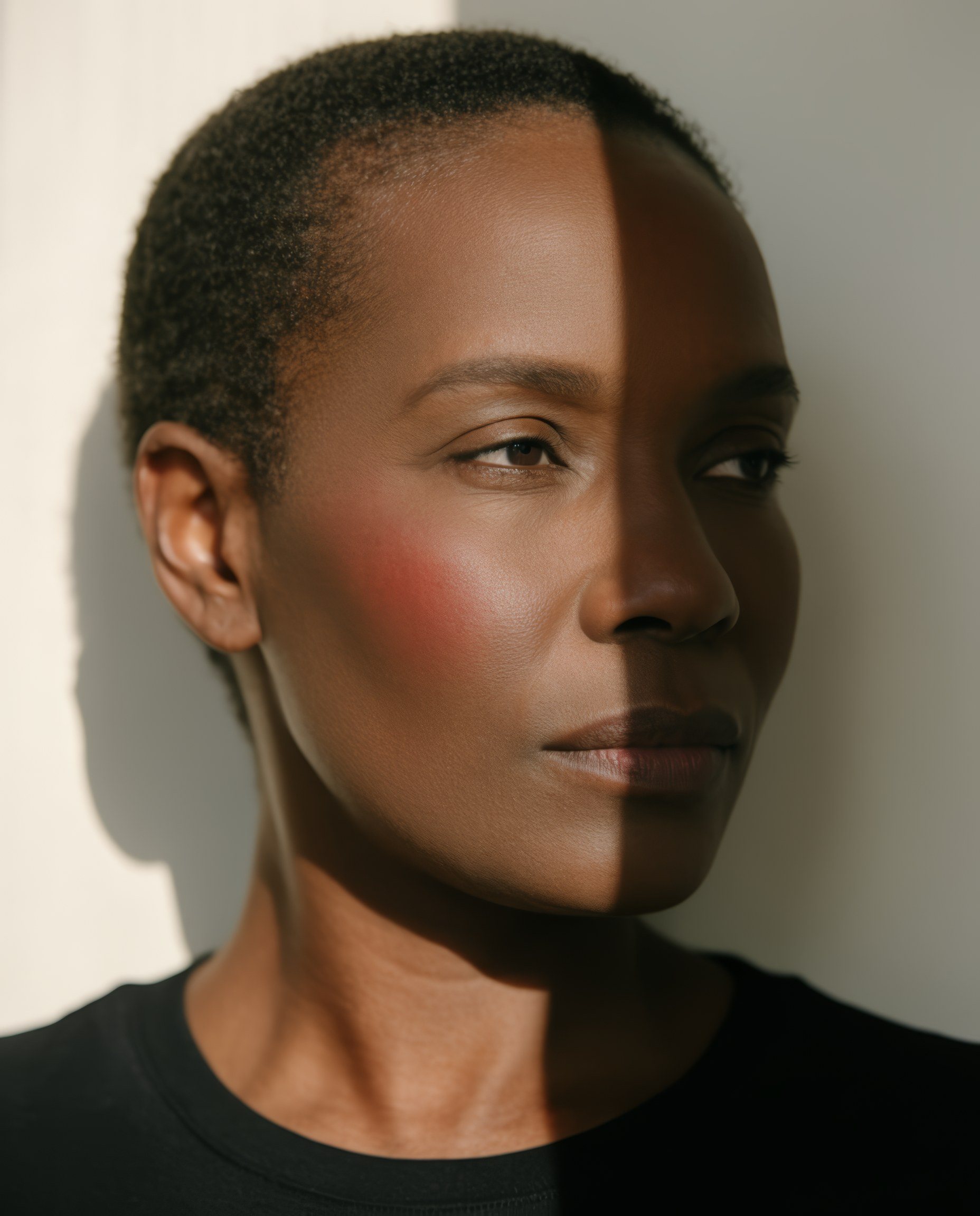A portrait half in sun, half in shadow, wearing Cheek