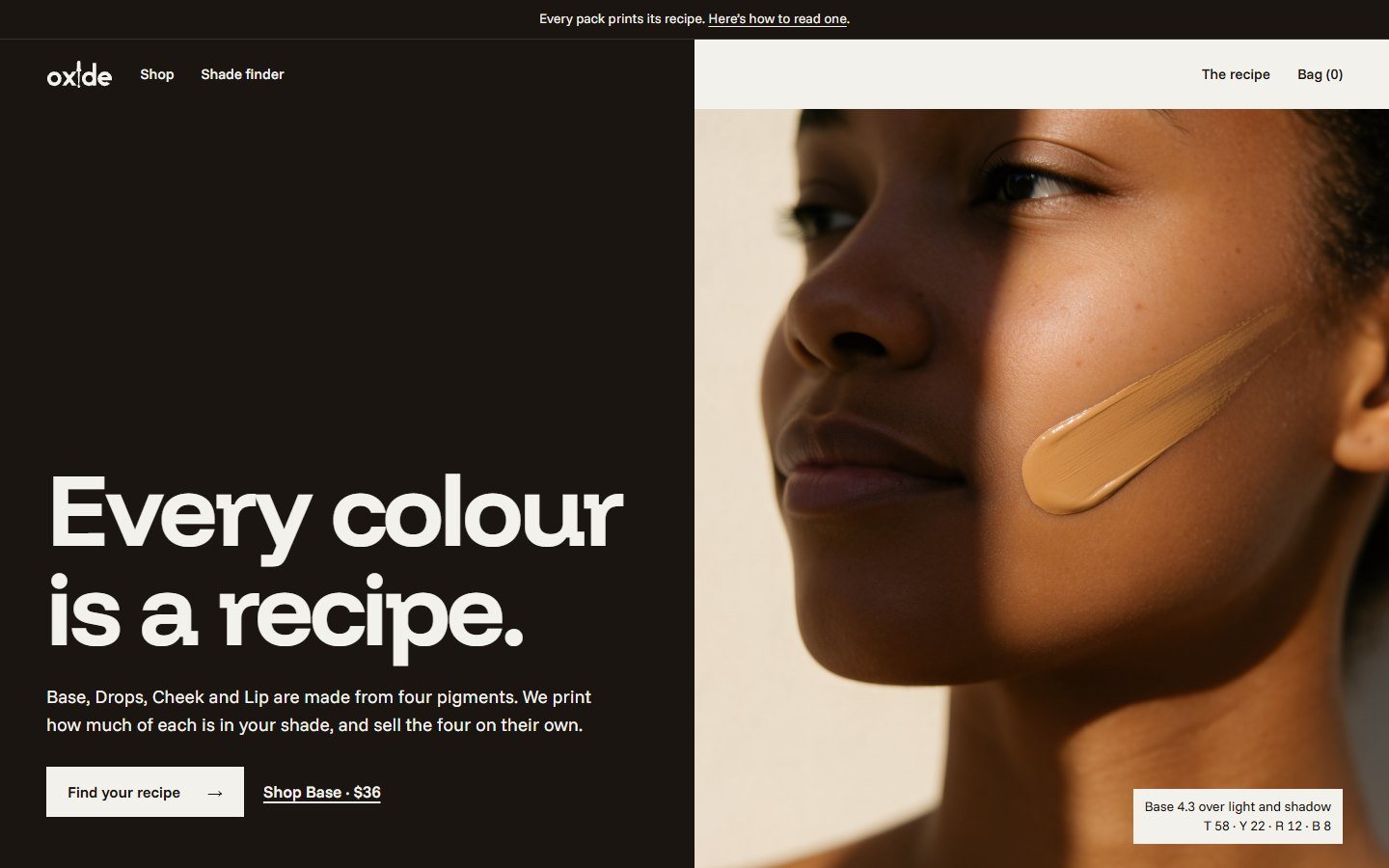 The Oxide homepage: Every colour is a recipe, beside a cheek in hard sun