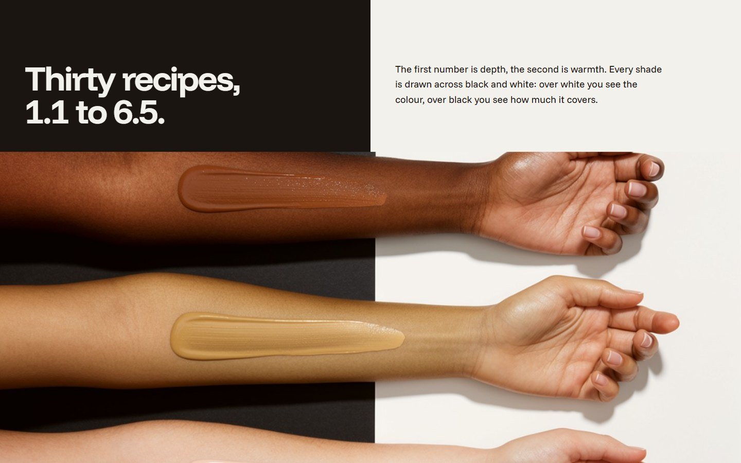 The site's range section: three forearms with their own shades, above the grid of all 30 Base recipes as drawdown chips
