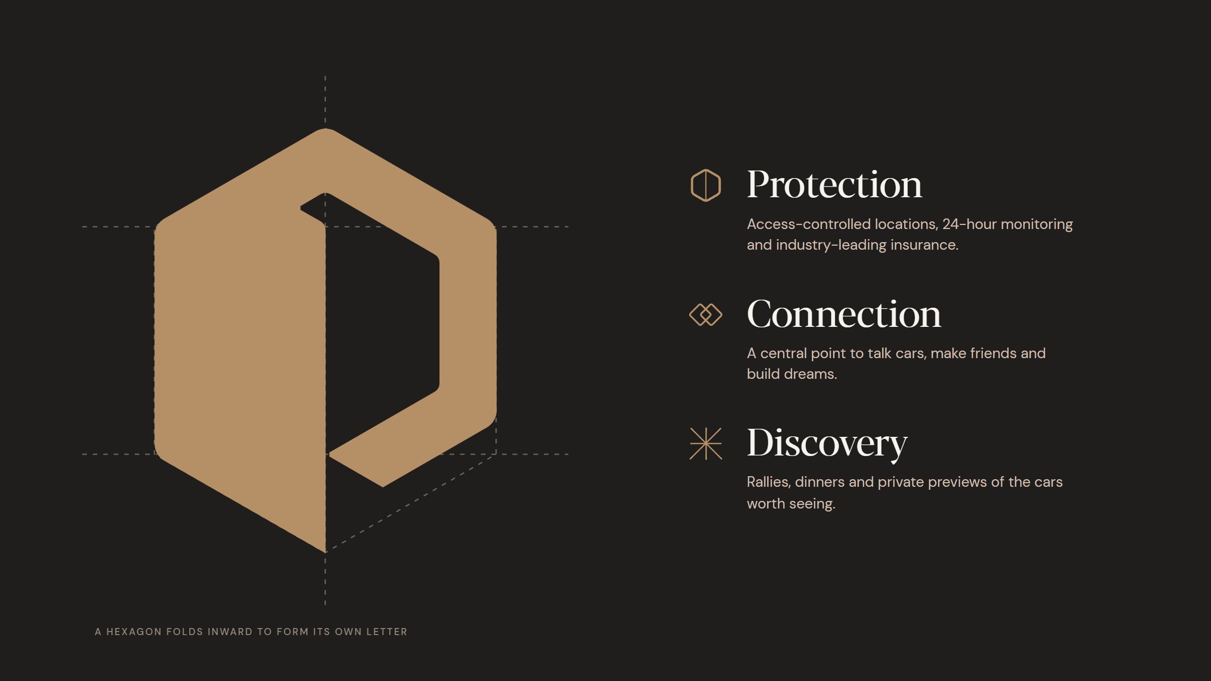The mark drawn on its hexagon with construction lines, beside the three pillar icons: Protection, Connection and Discovery.
