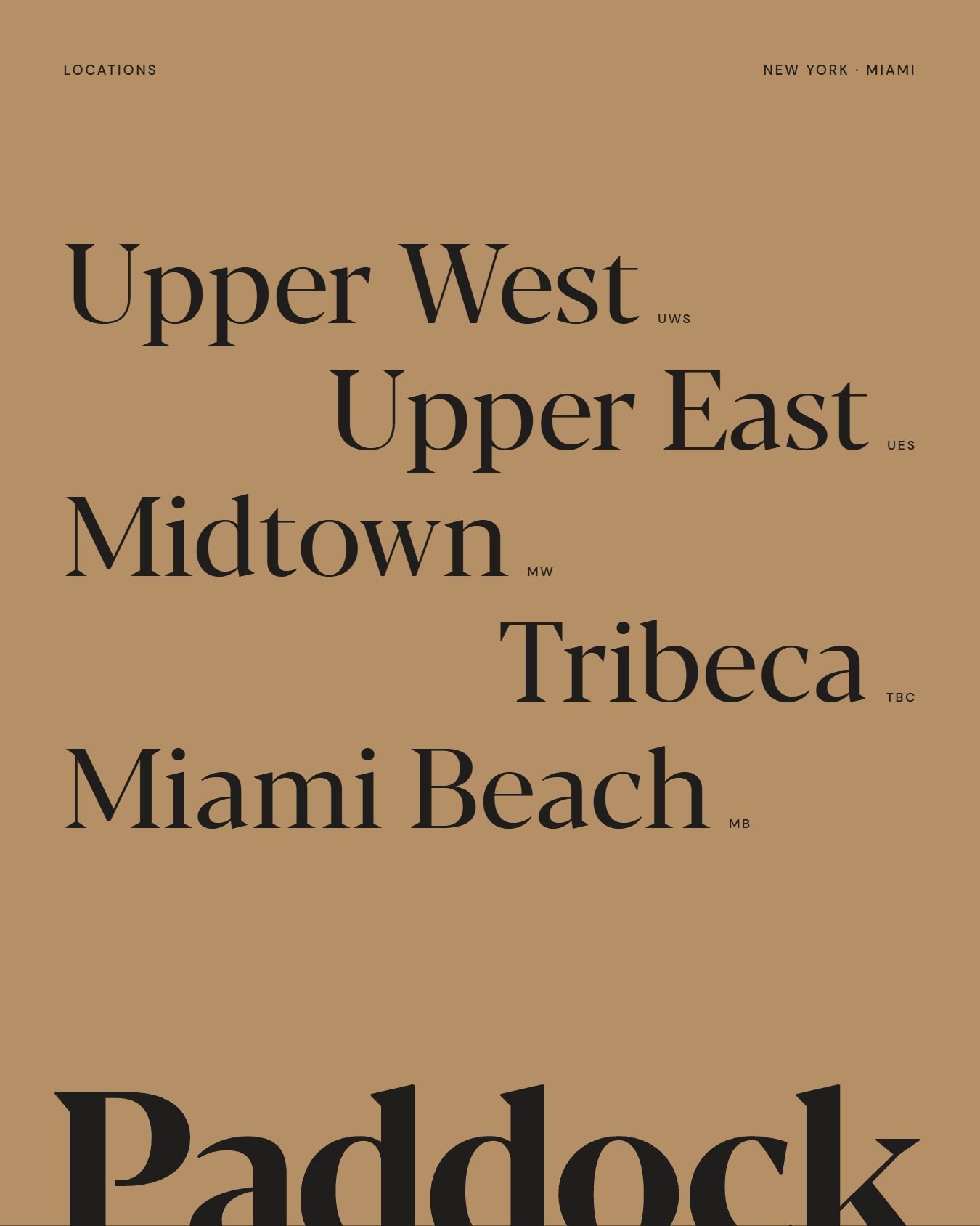 A gold poster listing Upper West, Upper East, Midtown, Tribeca and Miami Beach in lines stepping left and right, with the wordmark on its base.