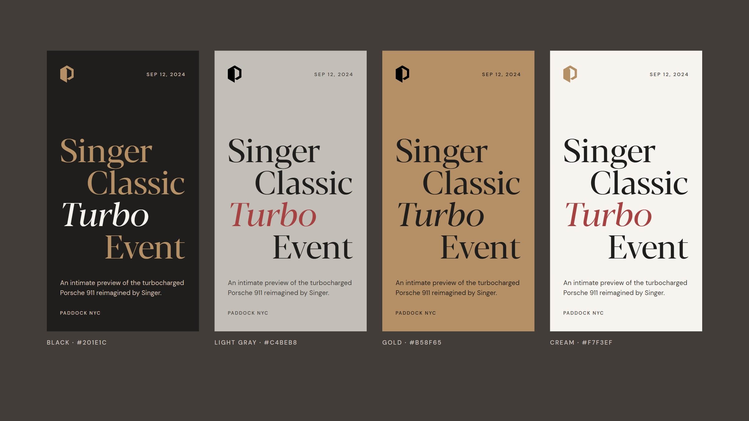 One event poster, 'Singer Classic Turbo Event', repeated in Black, Light Gray, Gold and Cream.