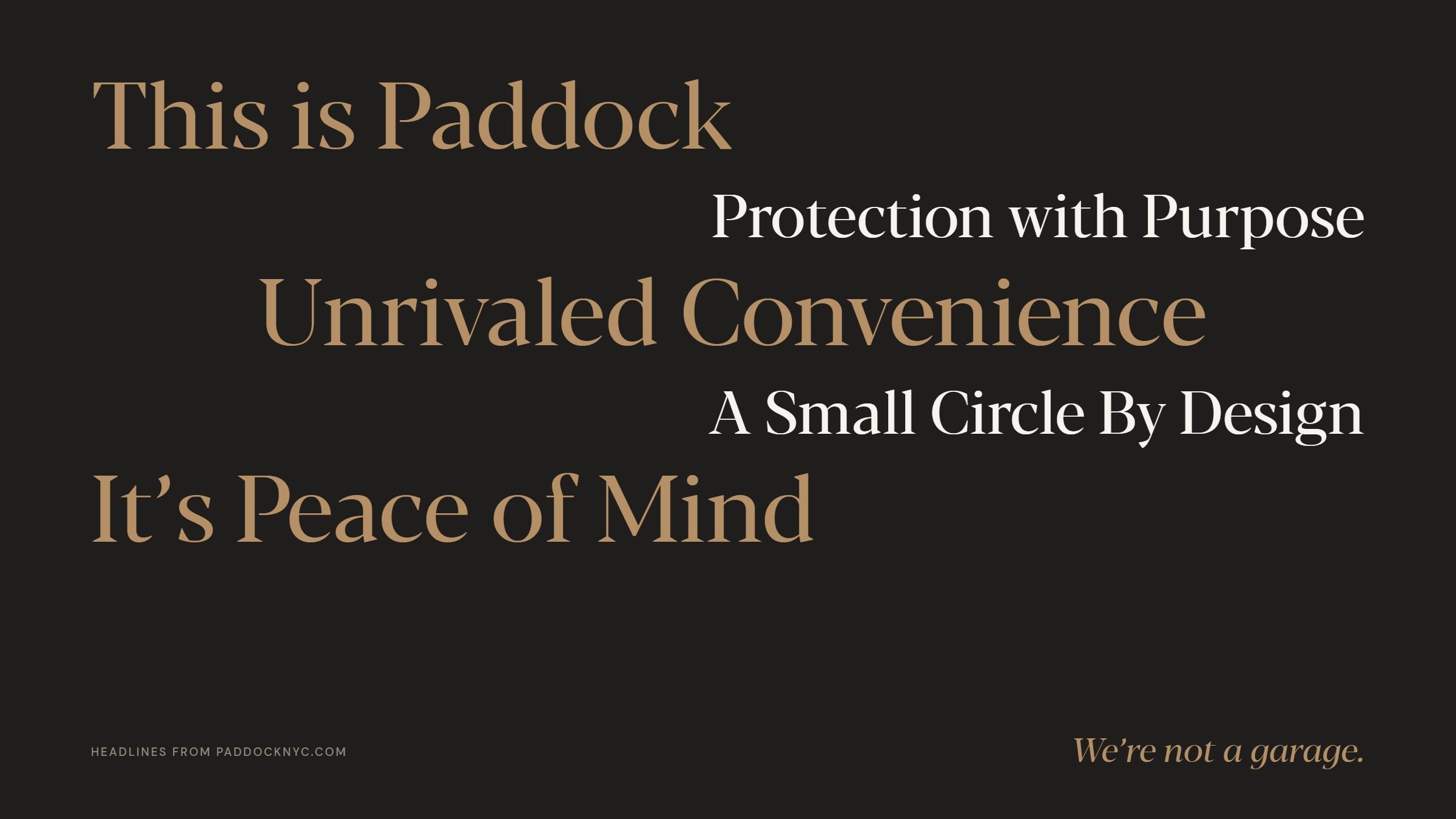 Headlines from the Paddock website in gold and cream: This is Paddock, Protection with Purpose, Unrivaled Convenience, A Small Circle By Design, It's Peace of Mind.