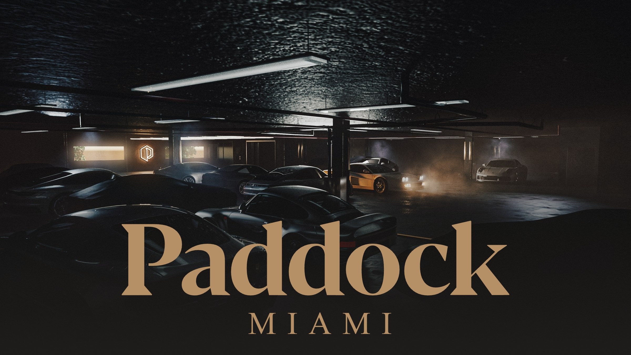 The Miami garage render with the Paddock Miami wordmark resting on the base of the frame.