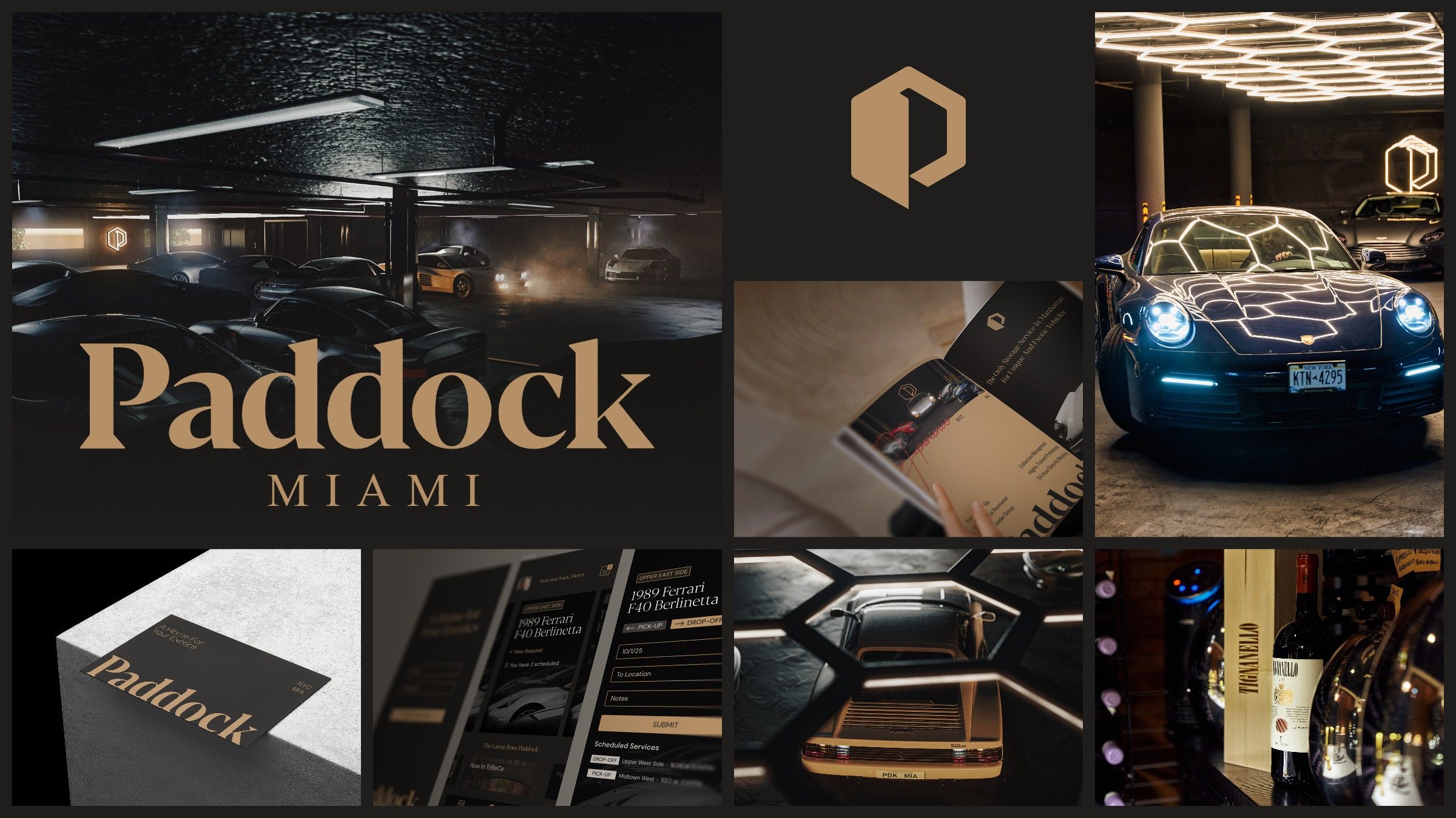 The system at a glance: the Paddock Miami render, the mark, the magazine, a Porsche under the hex ceiling, a business card on stone, the app, a Testarossa render and the wine racks at Lucciola.