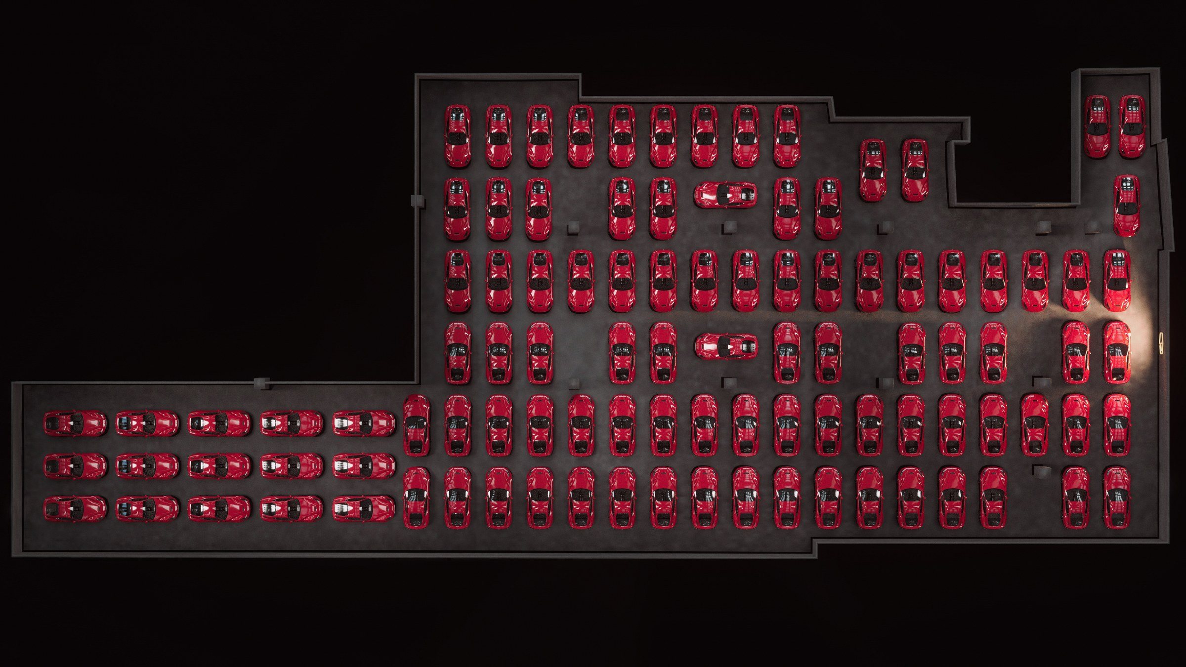 3D render: an overhead plan of a garage filled with rows of red cars.