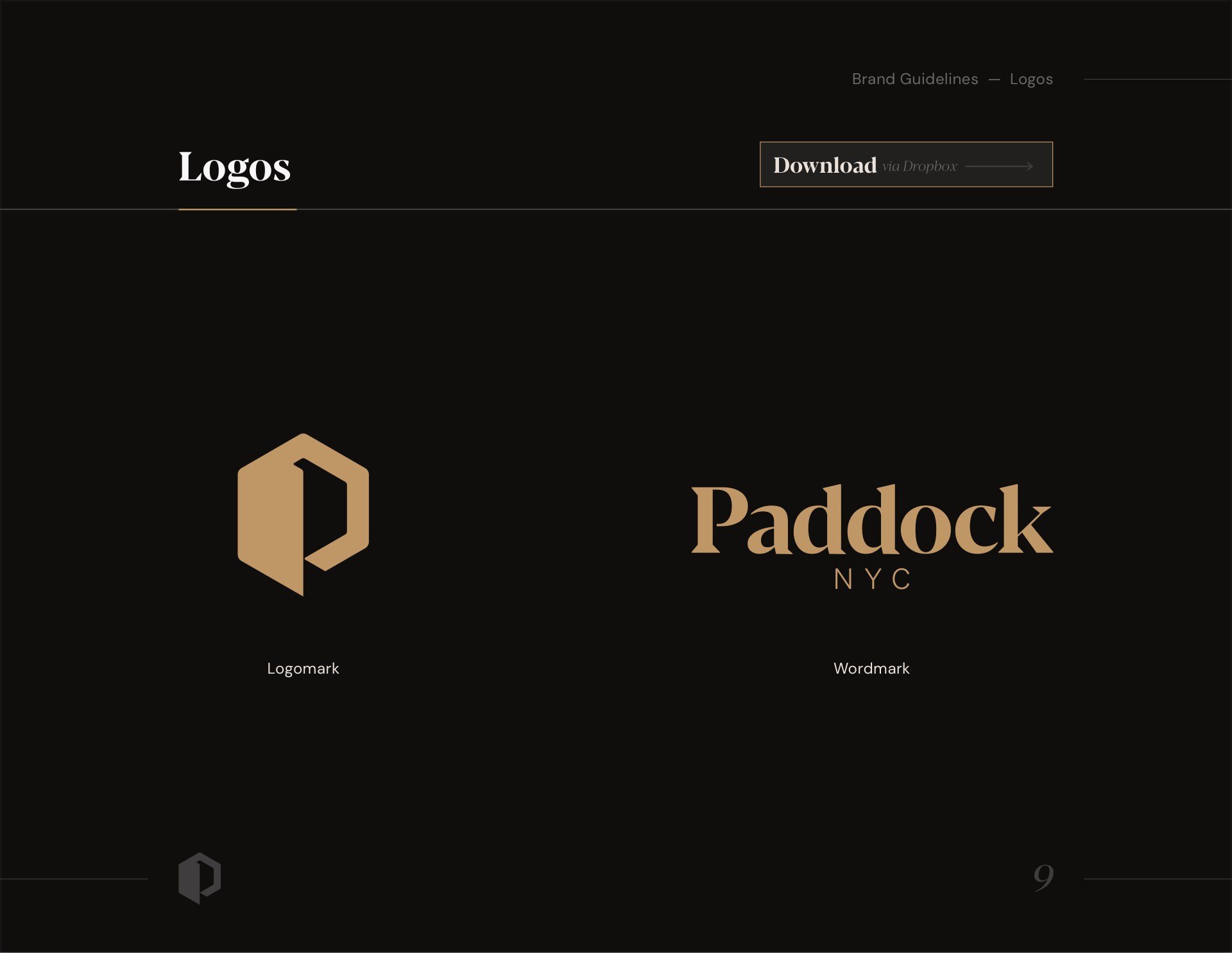A page of the 2022 brand guidelines: the mark and the Paddock NYC wordmark on black.