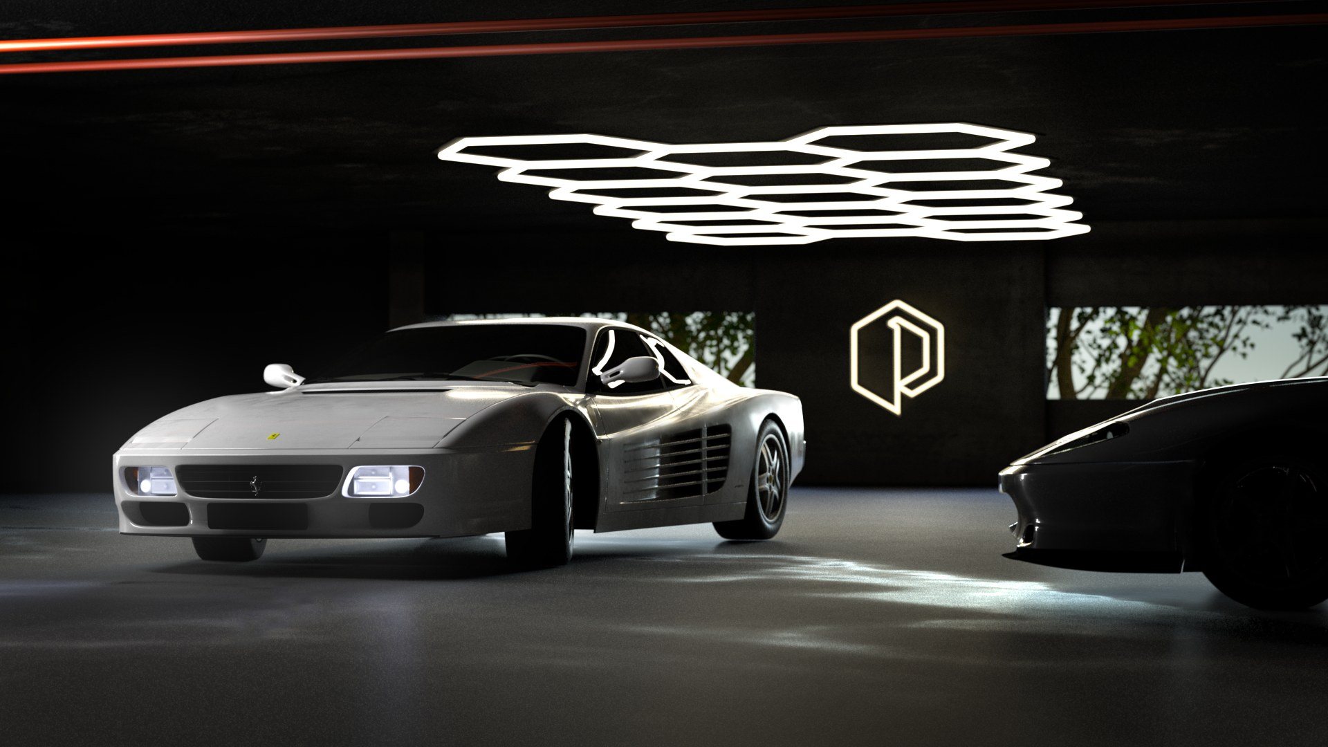3D render: the mark glowing on a garage wall beside a white Ferrari Testarossa under hexagonal light.