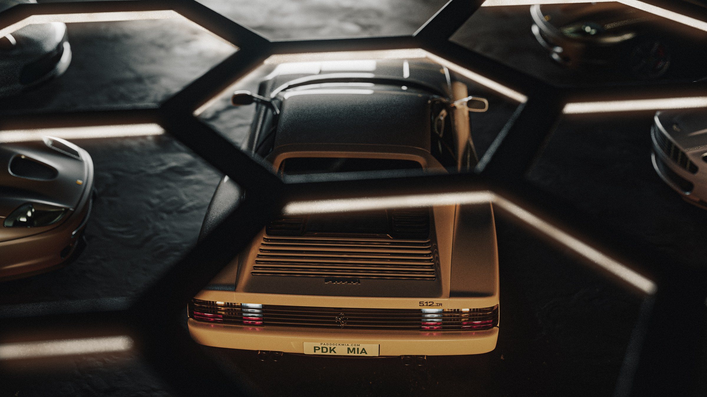 3D render from above: a Testarossa framed by hexagonal light.