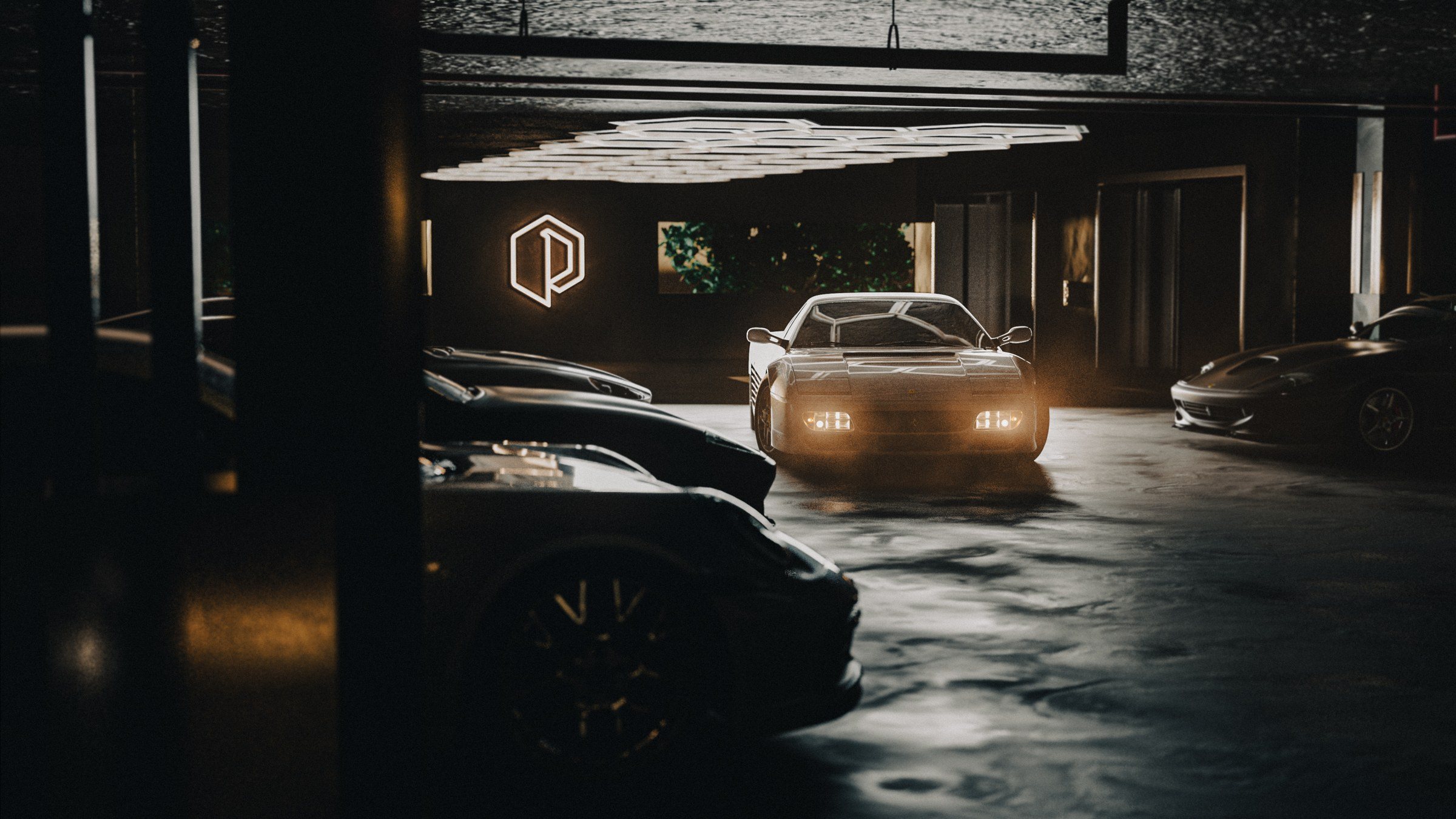 3D render: the Miami garage in low light, the mark glowing on the wall, cars in rows.