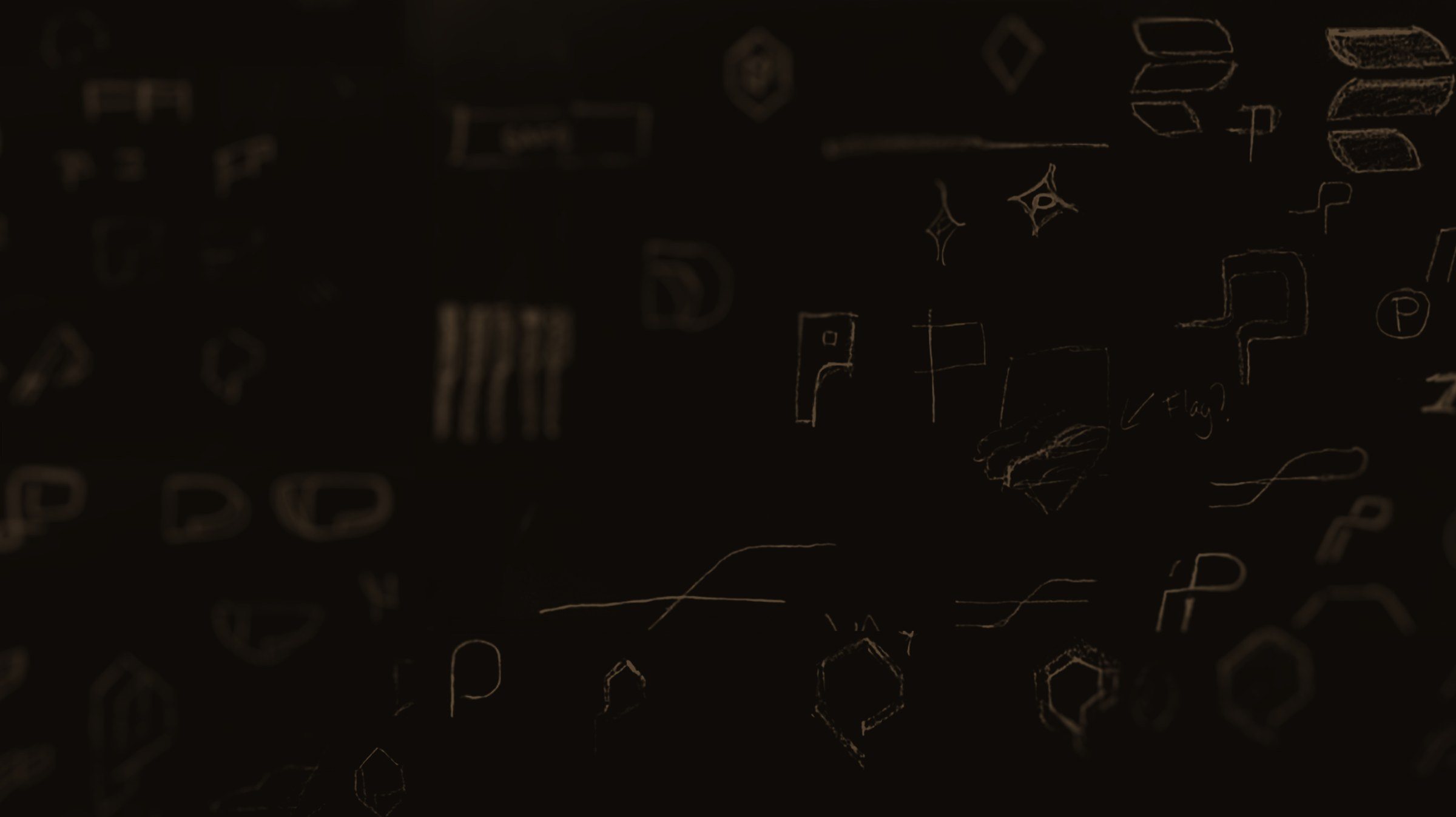 Pages of pencil sketches for the mark: hexagons, shields and many versions of the letter P.