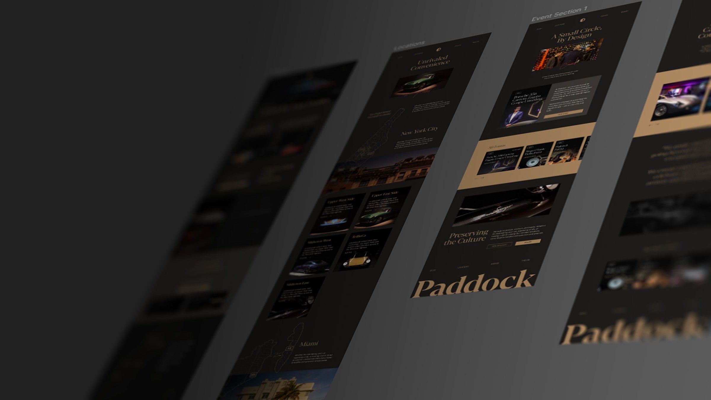 Pages of the Paddock website laid out at an angle: the hero, This is Paddock, Unrivaled Convenience, the locations maps and A Small Circle By Design.
