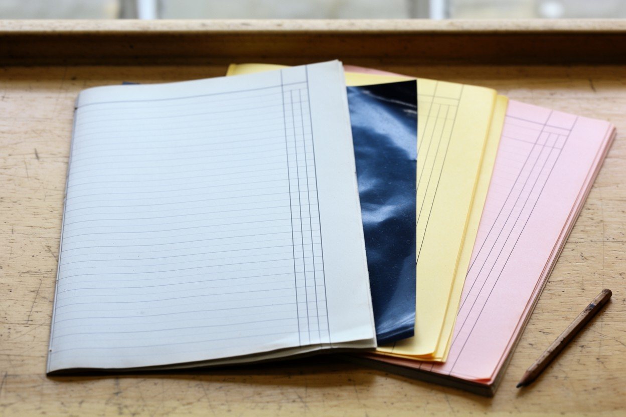 A duplicate order book open on an oak counter, its white, canary and pink sheets fanned beside a sheet of carbon paper and a pencil