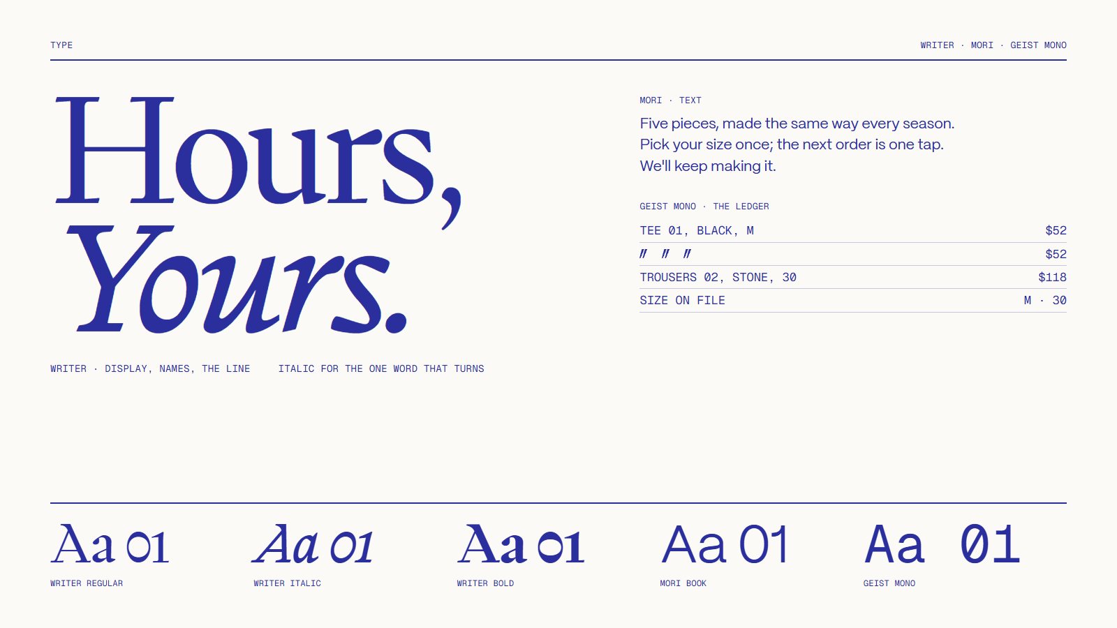 Type in use: Hours, Yours. in Writer, text in Mori, a ledger in Geist Mono, and specimens of each