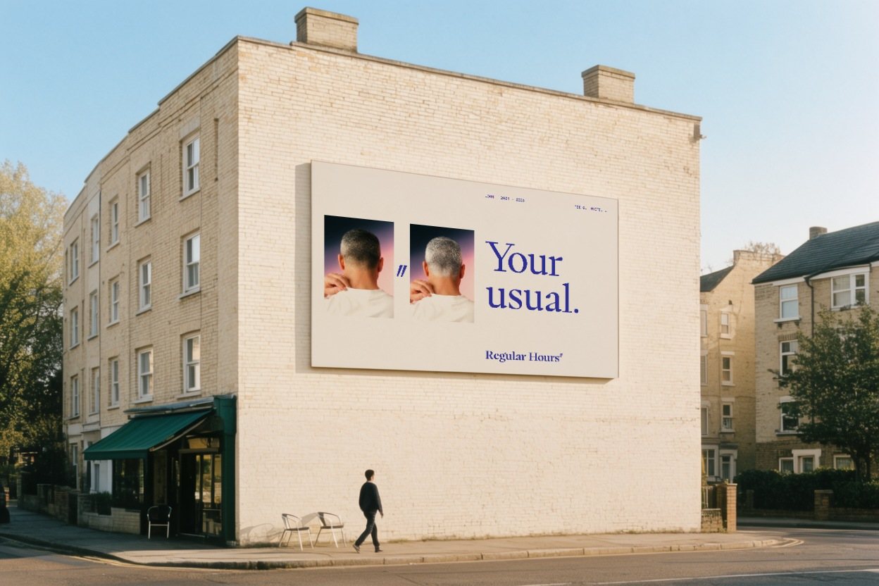 A painted wall advertisement on a brick building: the diptych, the ditto and Your usual