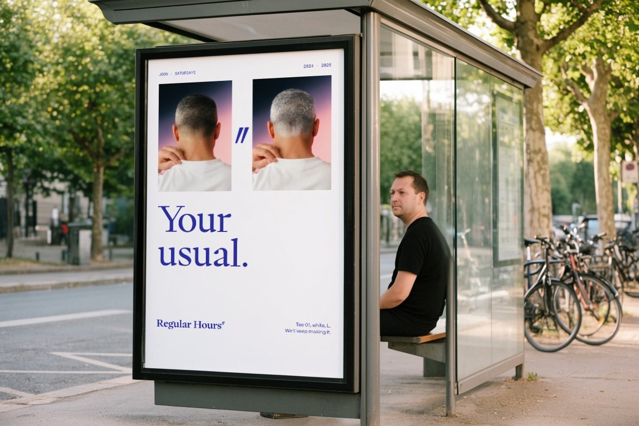 A bus-shelter poster of the diptych with Your usual, a man in a black tee waiting