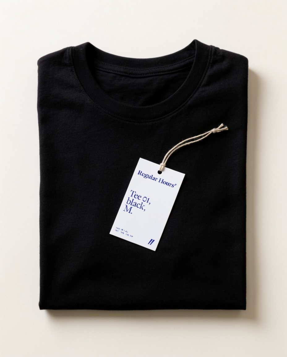 A hang tag reading Tee 01, black, M. on a folded black tee