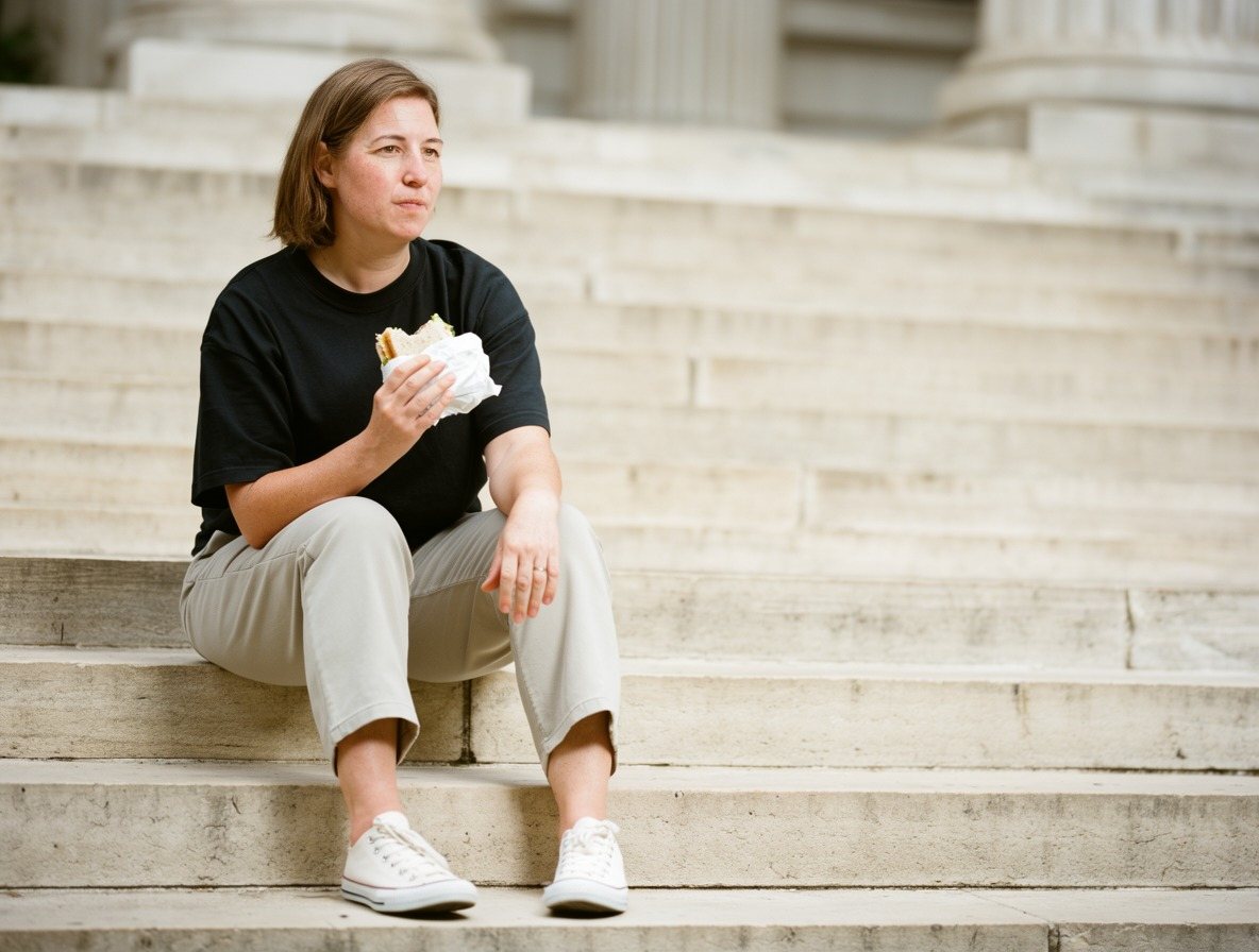 A woman in a black tee eating lunch on library steps