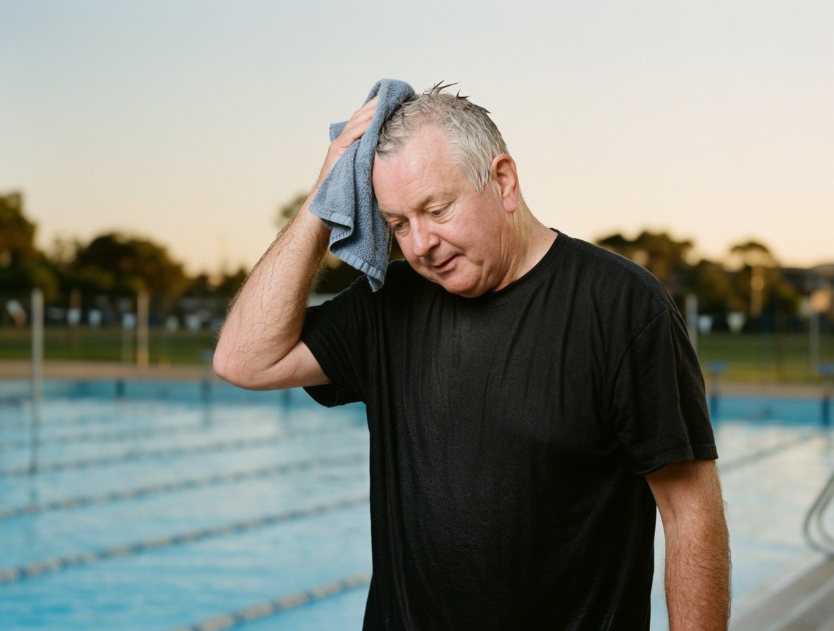 An older man in a black tee drying his hair by an outdoor pool at dusk