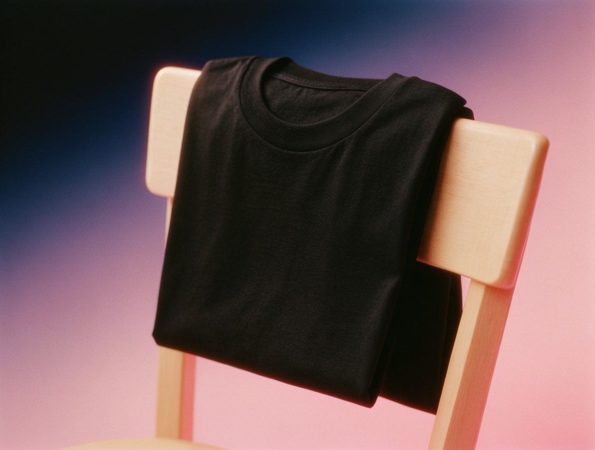 A black tee folded over a chair back against a dark gradient