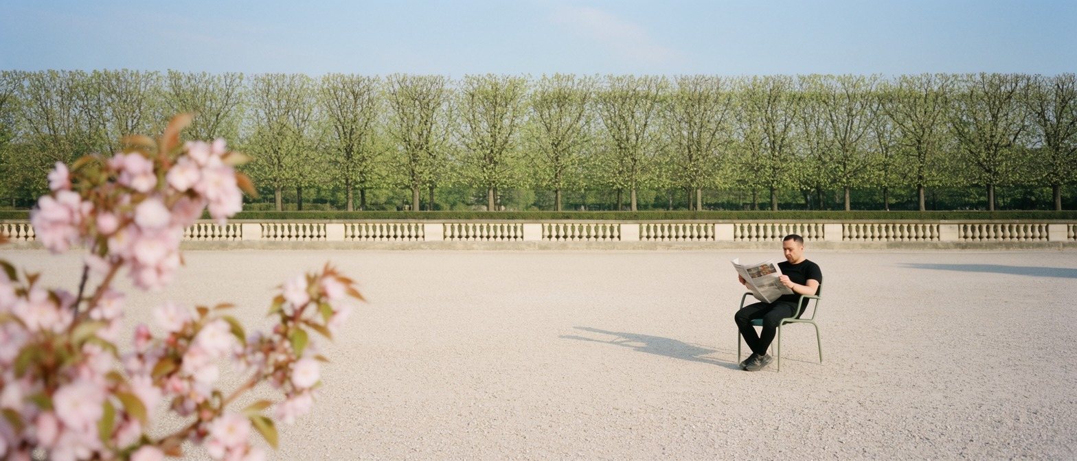 A wide gravel garden with a blossom branch in the foreground and one small reader on a chair