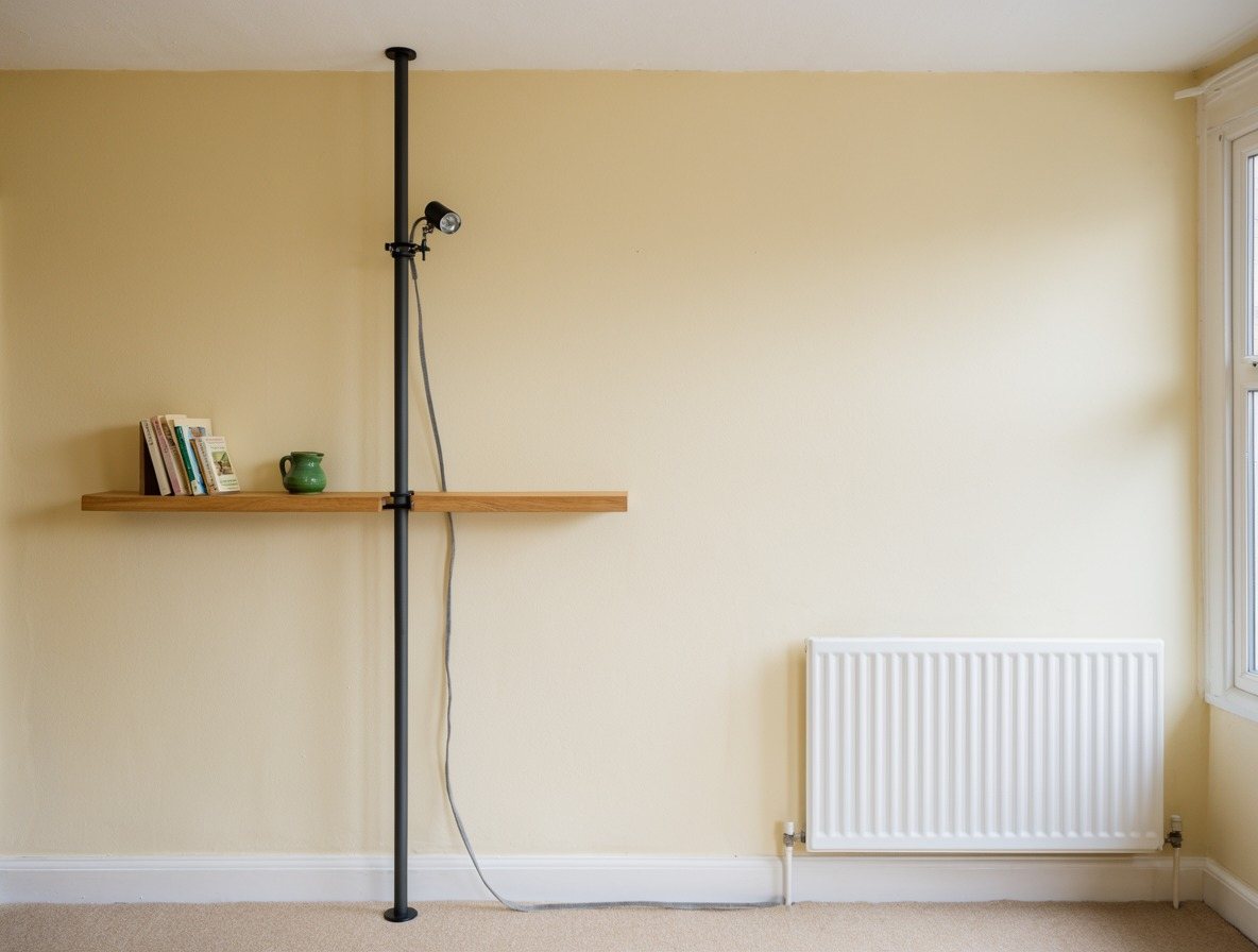 A plain magnolia living-room wall in a rented flat, a radiator under the window, a black pole holding a shelf and lamp.