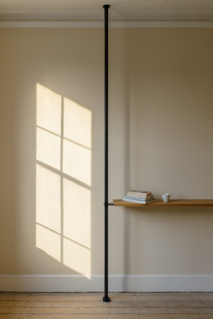 A sunlit bare wall with the Pole and one oak shelf.