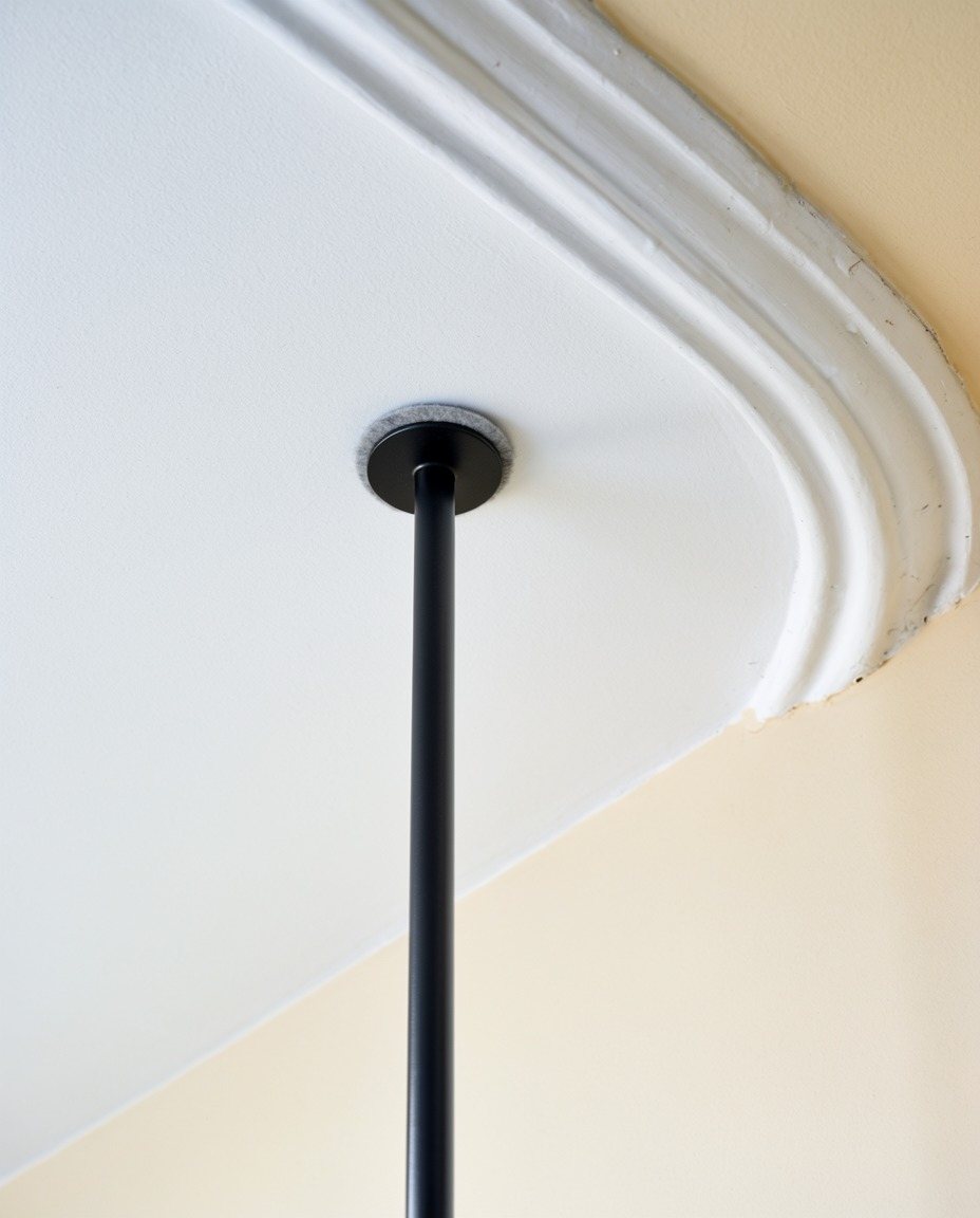 The Pole's foot pad pressing flat against a white ceiling beside an old cornice.
