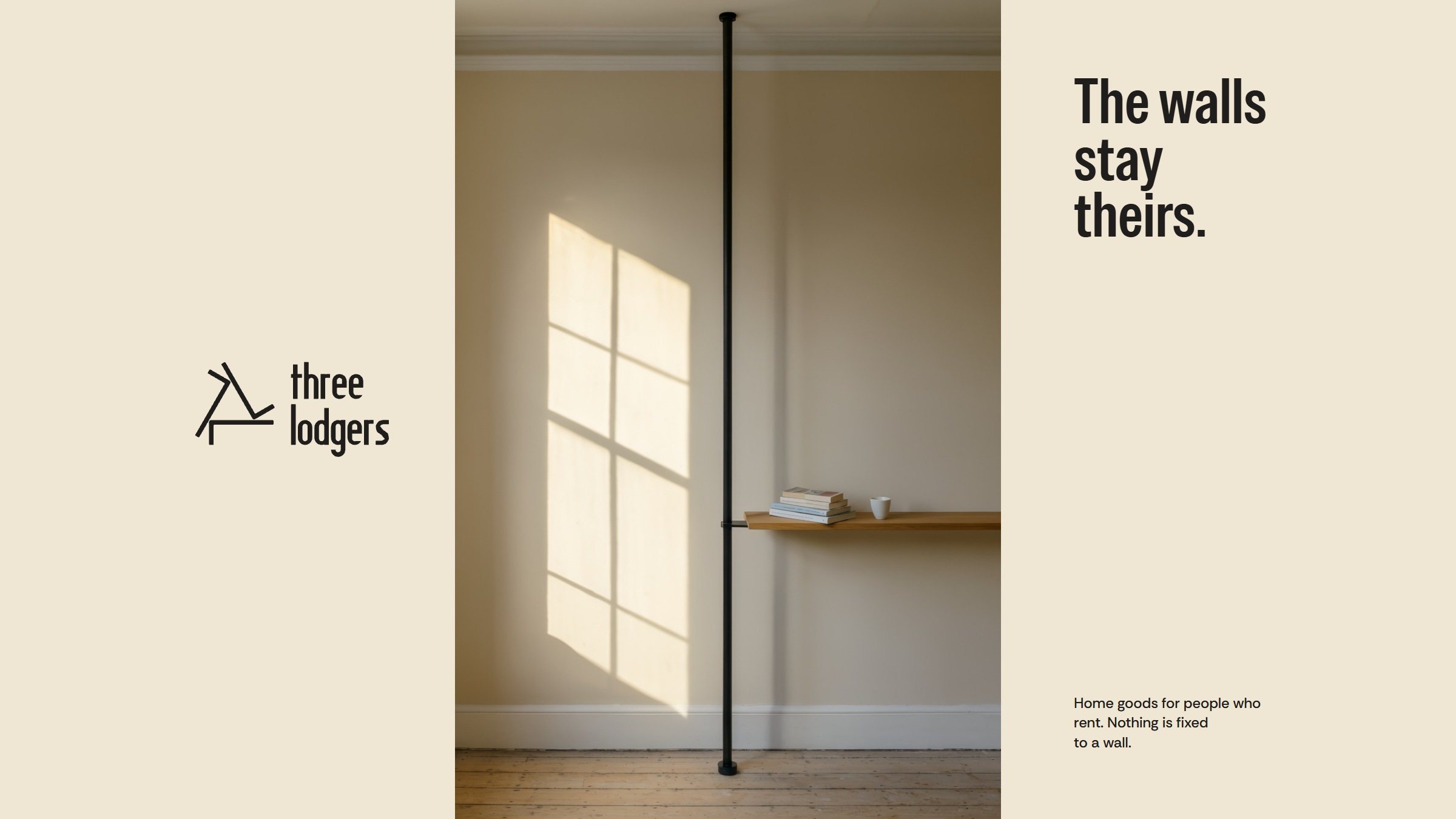 The Three Lodgers lockup, a sunlit bare wall with one black pole from floor to ceiling holding an oak shelf, and the line The walls stay theirs.