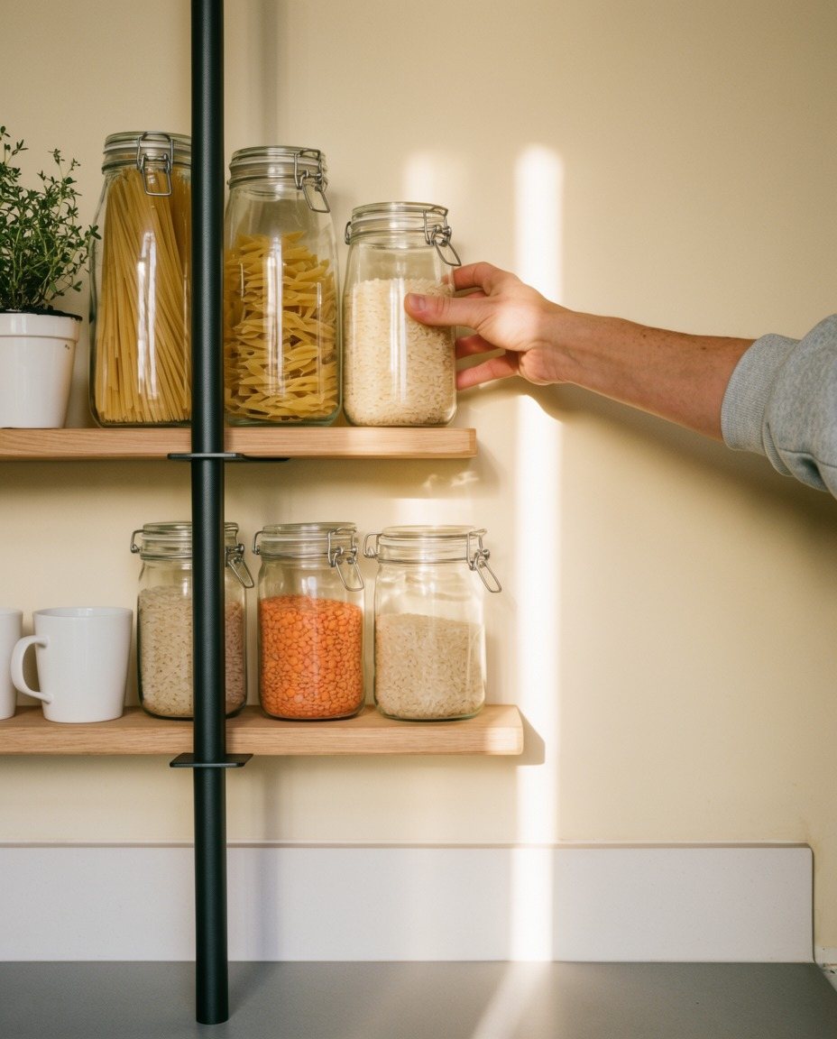 Jars on oak shelves clamped to the Pole; a hand takes one.